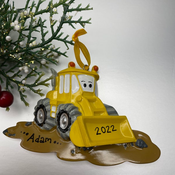 Bulldozer Personalized Ornament, Happy Yellow Bulldozer, Construction Personalized Christmas Ornament