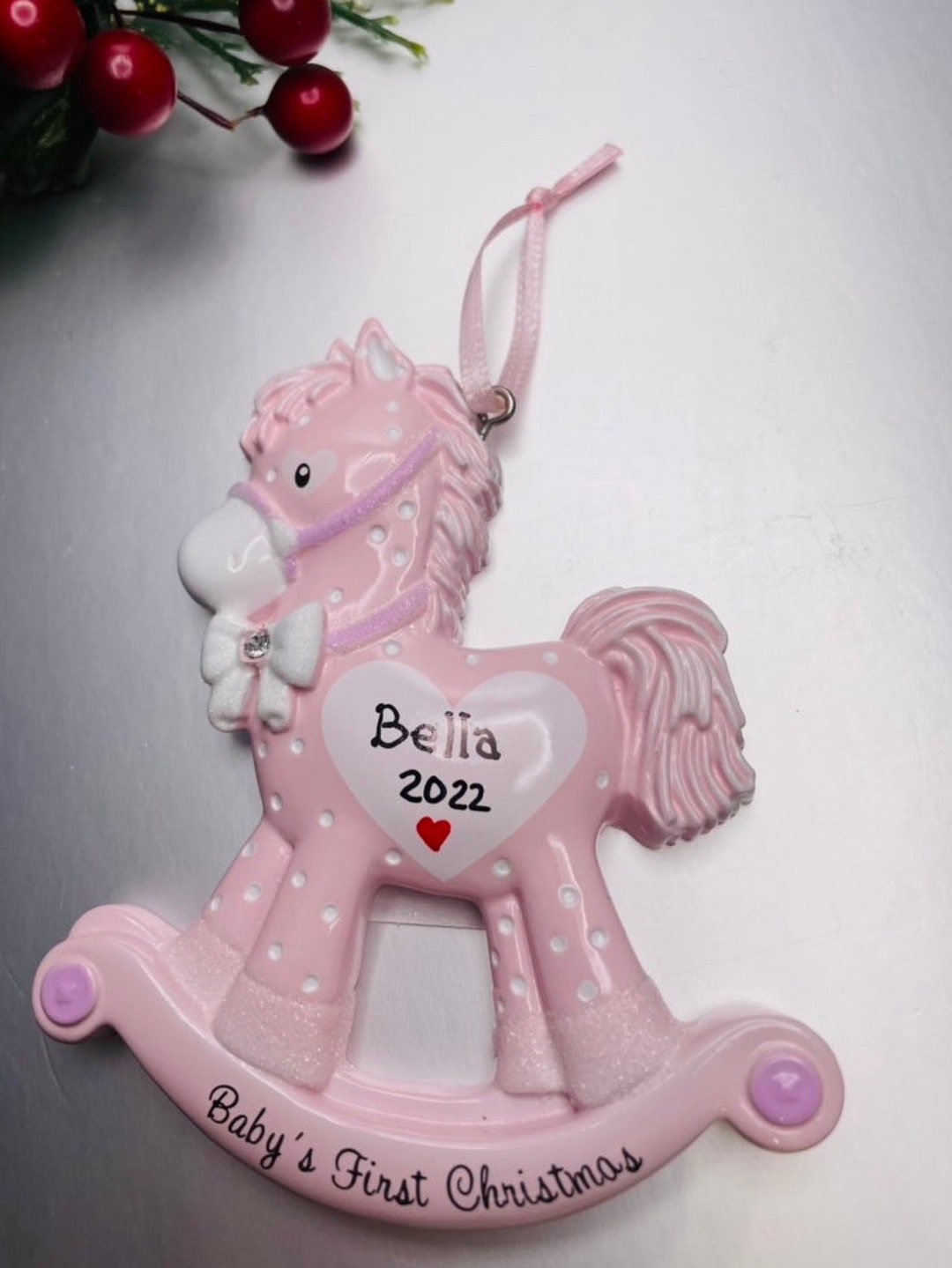 Babys First Christmas Ornament, Rocking Horse Baby Girl, Personalized ...