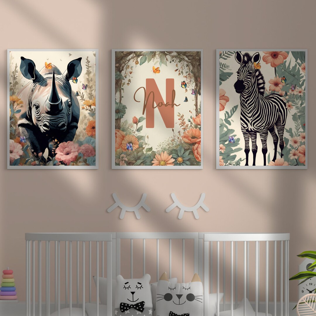 Set of 3 Jungle Animal Nursery Decor Wall Art Personalized Etsy