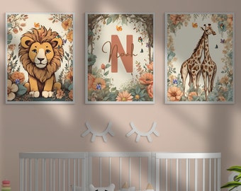 Set of 3 Jungle Animal Nursery Decor Wall Art| Personalized name| Safari Nursery Decor| Giraffe, Lion| Child Kids Printable