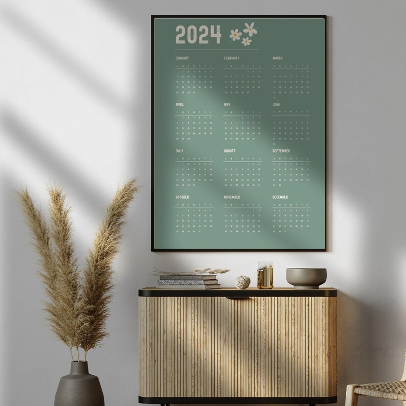 2024 Year Calendar Printable, Year at a Glance, 2024 Floral Wall
