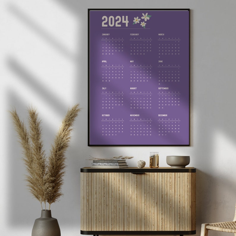 2024 Year Calendar Printable, Year at a Glance, 2024 Floral Wall