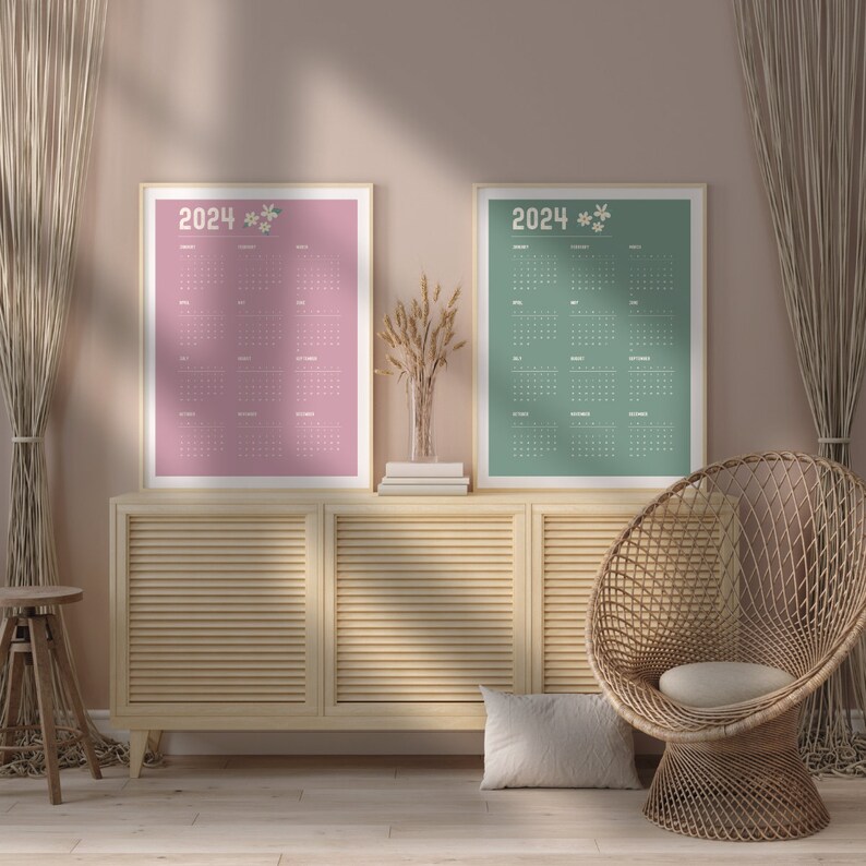 2024 Year Calendar Printable, Year at a Glance, 2024 Floral Wall