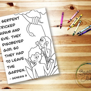 May include: A black and white coloring page featuring a snake, a man, and a woman. The text reads "A serpent tricked Adam and Eve. They disobeyed God, so they had to leave the garden. - Genesis 3"