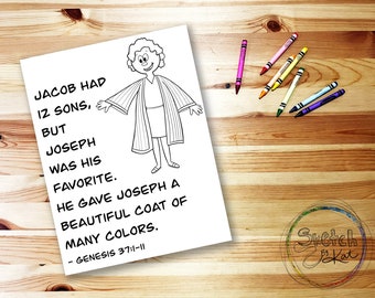 May include: A black and white illustration of a man with a striped robe and a caption that reads "Jacob had 12 sons, but Joseph was his favorite. He gave Joseph a beautiful coat of many colors. - Genesis 37:1-11"