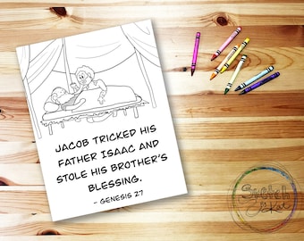 May include: Black and white line art illustration of a biblical scene. Jacob is shown in bed with his father Isaac. The text reads "Jacob tricked his father Isaac and stole his brother's blessing. - Genesis 27".