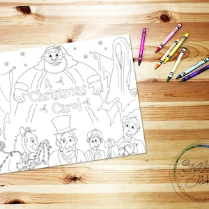 May include: A black and white coloring page featuring characters from the classic Christmas story, A Christmas Carol. The characters include Scrooge, the Ghost of Christmas Present, and the Ghost of Christmas Yet to Come. The title "A Christmas Carol" is written in a decorative font.