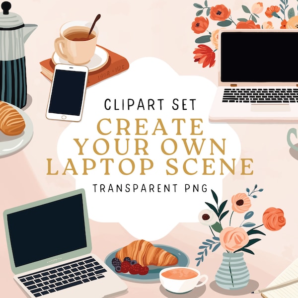 Laptop Scene with Tablet Smartphone Cozy Scene Create your own Transparent PNG Blush Pink Laptop Coffee Clipart Illustration for Canva