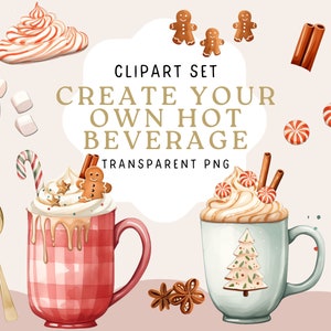 Boissons chaudes pour les vacances d'hiver | Créez votre propre | PNG transparent | Ensemble d'illustrations clipart
