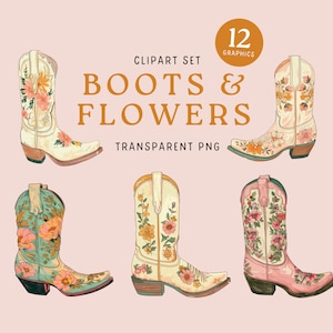 Cowgirl Boots with Flowers Clip Art PNG Cowboy Western Boots Transparent PNG Clipart