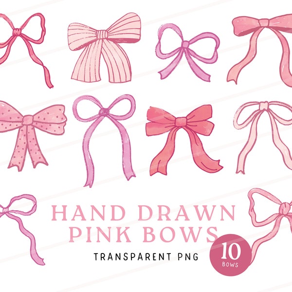 Pink Hand Drawn Bows Transparent PNG Bright Watercolor Illustration Coquette