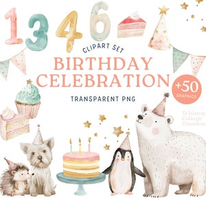 Clipart di compleanno carino e stravagante, illustrazione ad acquerello, celebrazione, cucciolo, orso, pinguino, cappello da festa, torta, cupcake, candele, stelle, striscioni, numeri