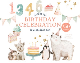 Clipart di compleanno carino e stravagante, illustrazione ad acquerello, celebrazione, cucciolo, orso, pinguino, cappello da festa, torta, cupcake, candele, stelle, striscioni, numeri