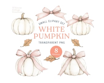 Fall Watercolor Pumpkins with Bows PNG Clipart Transparent PNG Bow Pumpkin Cute Fall Autumn Graphics for Commercial Use White Fall Pumpkins