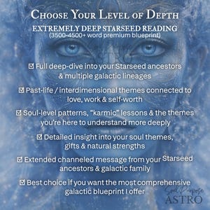 May include: A digital graphic with the text "CHOOSE YOUR LEVEL OF DEPTH" and details about a Starseed reading. The image features a blue-toned illustration of a face with prominent eyes, and bullet points describing the reading's content.