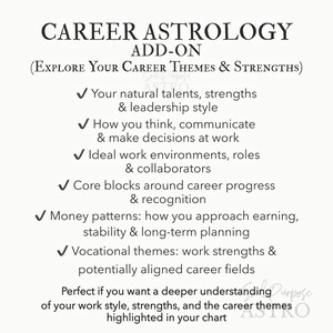 May include: A white informational graphic titled CAREER ASTROLOGY ADD-ON (EXPLORE YOUR CAREER THEMES & STRENGTHS). It lists six bullet points covering natural talents, communication, work environments, career blocks, money patterns, and vocational themes.