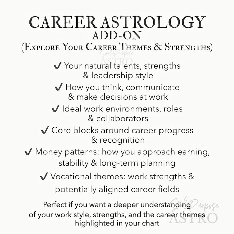 May include: A white informational graphic titled CAREER ASTROLOGY ADD-ON (EXPLORE YOUR CAREER THEMES & STRENGTHS). It lists six bullet points covering natural talents, communication, work environments, career blocks, money patterns, and vocational themes.