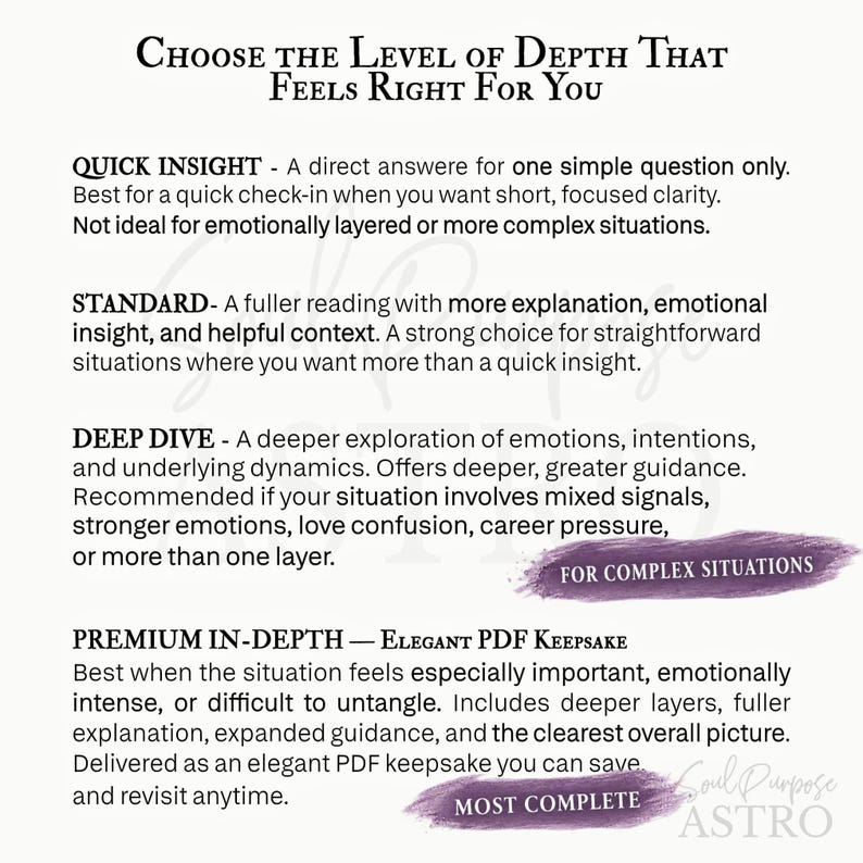 May include: A white informational graphic titled Choose the Level of Depth That Feels Right For You. It lists four service tiers: Quick Insight, Standard, Deep Dive, and Premium In-Depth, each with a brief description of the service level provided.