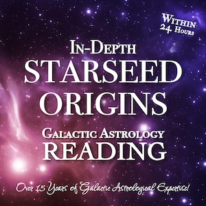 Op de afbeelding: Een digitale afbeelding met een kosmische achtergrond van paarse, roze en blauwe tinten, met de tekst "In-Depth Starseed Origins Galactic Astrology Reading". De tekst "Within 24 Hours" wordt ook weergegeven.
