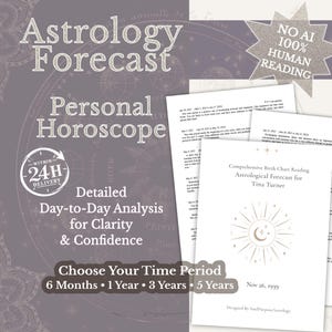 May include: A collection of printed documents featuring an Astrology Forecast and Personal Horoscope. The pages include text, a sun and moon graphic, and the name Tina Turner with the date Nov 26, 1939. A star-shaped badge states NO AI 100% HUMAN READING.