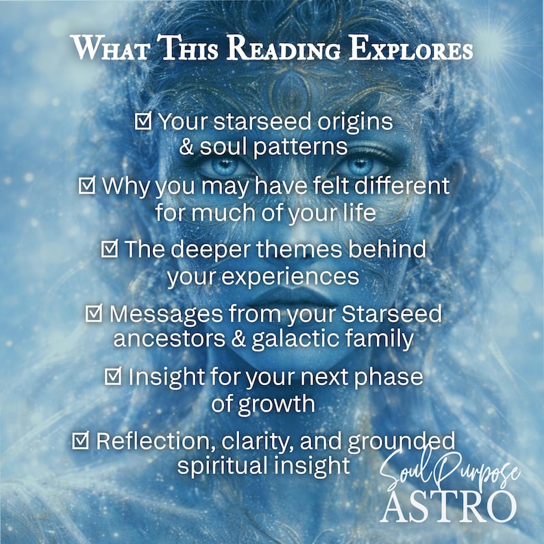 May include: A celestial-themed graphic with a blue-toned image of a face and text. The text reads "WHAT THIS READING EXPLORES" followed by bullet points about starseed origins, life experiences, and spiritual insight. The Soul Purpose ASTRO logo is in the bottom right.