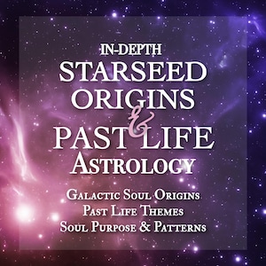 Op de afbeelding: Digitale afbeelding met een kosmische achtergrond van paarse en blauwe tinten, bezaaid met sterren. De afbeelding bevat witte tekst, waaronder "IN-DEPTH STARSEED ORIGINS & PAST LIFE ASTROLOGY" en gerelateerde onderwerpen zoals "Galactic Soul Origins."