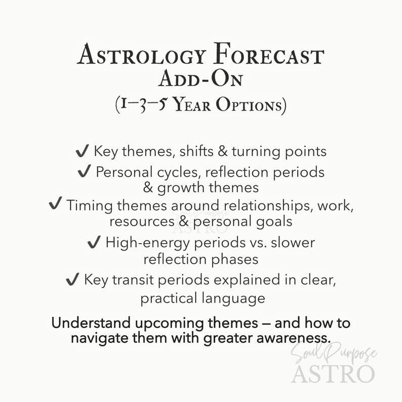 May include: A white informational graphic titled Astrology Forecast Add-On (1-3-5 Year Options) listing services including key themes, personal cycles, relationship timing, energy periods, and transit explanations, with the text Soul Purpose Astro at the bottom.