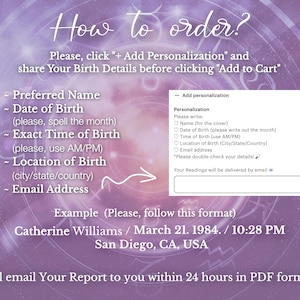 May include: A purple instructional graphic titled How to order? with white text listing requirements: Preferred Name, Date of Birth, Exact Time of Birth, Location of Birth, and Email Address. It includes a white box showing personalization fields.