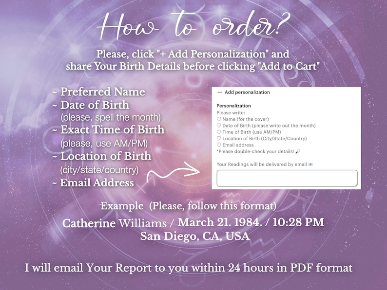 May include: A purple instructional graphic titled How to order? with white text listing requirements: Preferred Name, Date of Birth, Exact Time of Birth, Location of Birth, and Email Address. It includes a white box showing personalization fields.