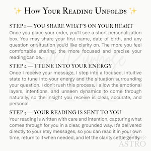 May include: A white informational card with black text titled How Your Reading Unfolds. It outlines three steps: Step 1, sharing personal details; Step 2, the intuitive tuning process; and Step 3, the delivery of the written reading via Etsy messages.