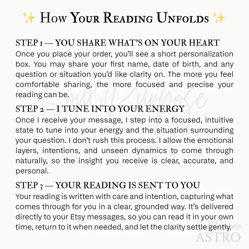 May include: A white informational card with black text titled How Your Reading Unfolds. It outlines three steps: Step 1, sharing personal details; Step 2, the intuitive tuning process; and Step 3, the delivery of the written reading via Etsy messages.