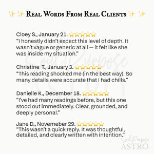 May include: A white graphic featuring the text Real Words From Real Clients with four five-star reviews. Each review includes a name, date, and testimonial text. The reviews are from Cloey S., Christine T., Danielle K., and Jane D. with gold stars.