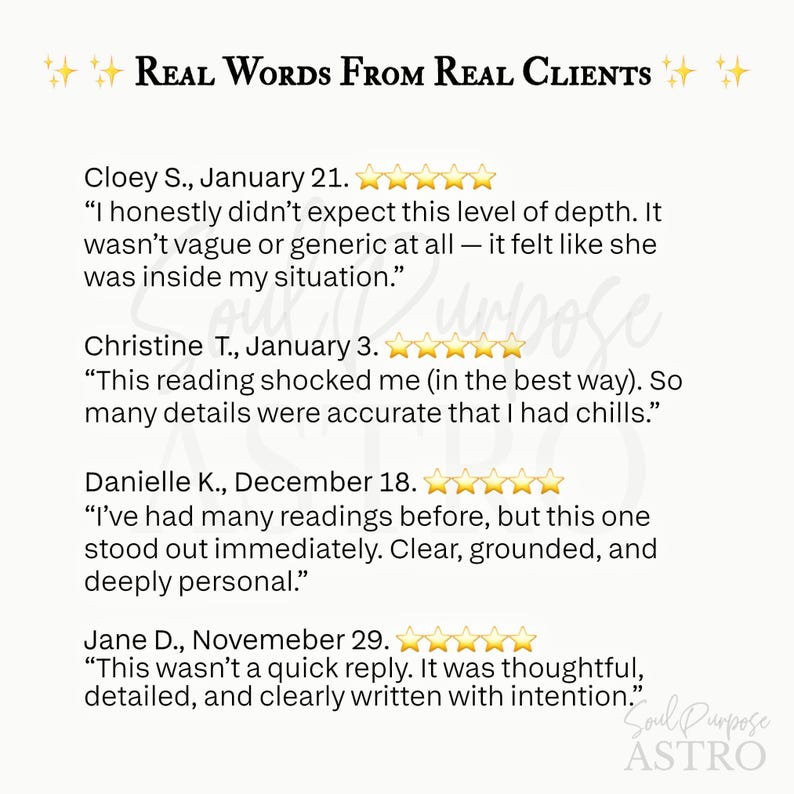 May include: A white graphic featuring the text Real Words From Real Clients with four five-star reviews. Each review includes a name, date, and testimonial text. The reviews are from Cloey S., Christine T., Danielle K., and Jane D. with gold stars.