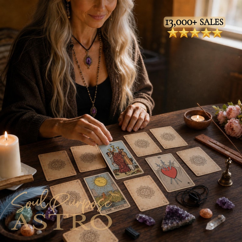 May include: A tarot card reading setup featuring a spread of cards on a wooden table, including the Three of Cups, The Moon, and Three of Swords. The scene includes candles, crystals, a small bell, and text reading 13,000+ SALES and SOUL PURPOSE ASTRO.