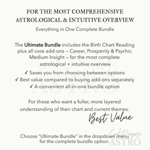 May include: A white informational graphic with black text detailing an Ultimate Bundle for astrological and intuitive readings. It lists components like birth chart reading, career, prosperity, and psychic medium insights, plus benefits and instructions.