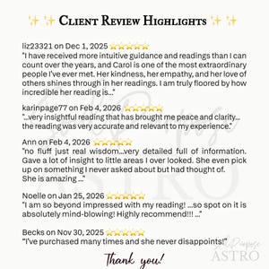 May include: A white graphic display titled Client Review Highlights featuring five customer testimonials with five-star ratings. The text includes feedback from users liz23321, karinpage77, Ann, Noelle, and Becks, concluding with the text Thank you! and Soul Purpose ASTRO.