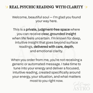 May include: A white background with text that reads "REAL PSYCHIC READING WITH CLARITY." The text describes a private space for clear, grounded insight, and personalized intuitive readings. The Soul Purpose ASTRO logo is in the bottom right corner.