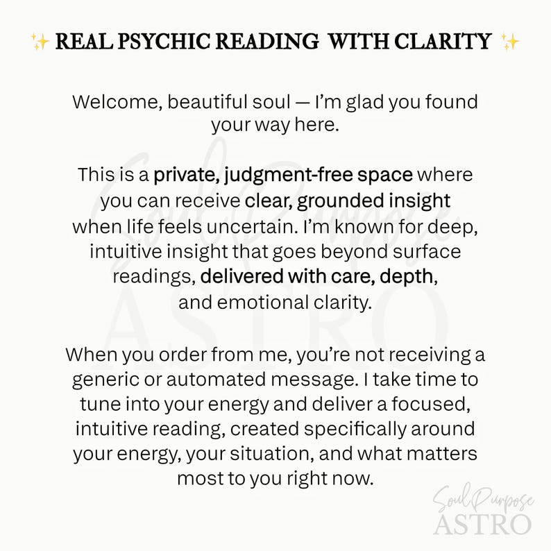 May include: A white background with text that reads "REAL PSYCHIC READING WITH CLARITY." The text describes a private space for clear, grounded insight, and personalized intuitive readings. The Soul Purpose ASTRO logo is in the bottom right corner.