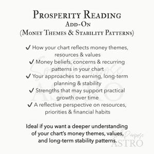 May include: A white informational graphic with black text titled Prosperity Reading Add-On (Money Themes & Stability Patterns). It lists five bullet points regarding chart analysis of money beliefs, earning approaches, strengths, and financial habits.