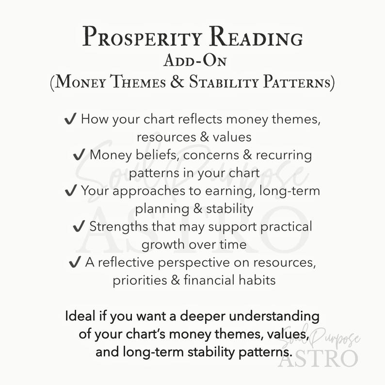 May include: A white informational graphic with black text titled Prosperity Reading Add-On (Money Themes & Stability Patterns). It lists five bullet points regarding chart analysis of money beliefs, earning approaches, strengths, and financial habits.