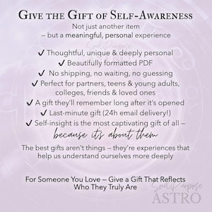 May include: A light purple digital document advertisement titled Give the Gift of Self-Awareness. The text lists benefits including a formatted PDF, email delivery, and personal insight. The bottom includes the text Soul Purpose ASTRO.