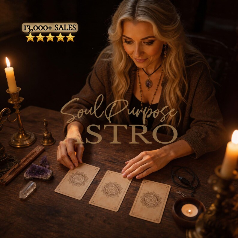 May include: Three rectangular tarot cards with intricate mandala designs on the back, arranged on a dark wooden table. Beside the cards are two lit candles in brass holders, a small brass bell, a clear quartz crystal, and an amethyst cluster.
