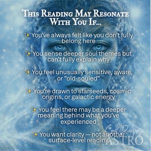 May include: A digital art image with a blue and white color scheme. The image features a woman's face with text overlayed. The text reads "This Reading May Resonate With You If..." followed by a list of statements about self-discovery and spiritual awareness.