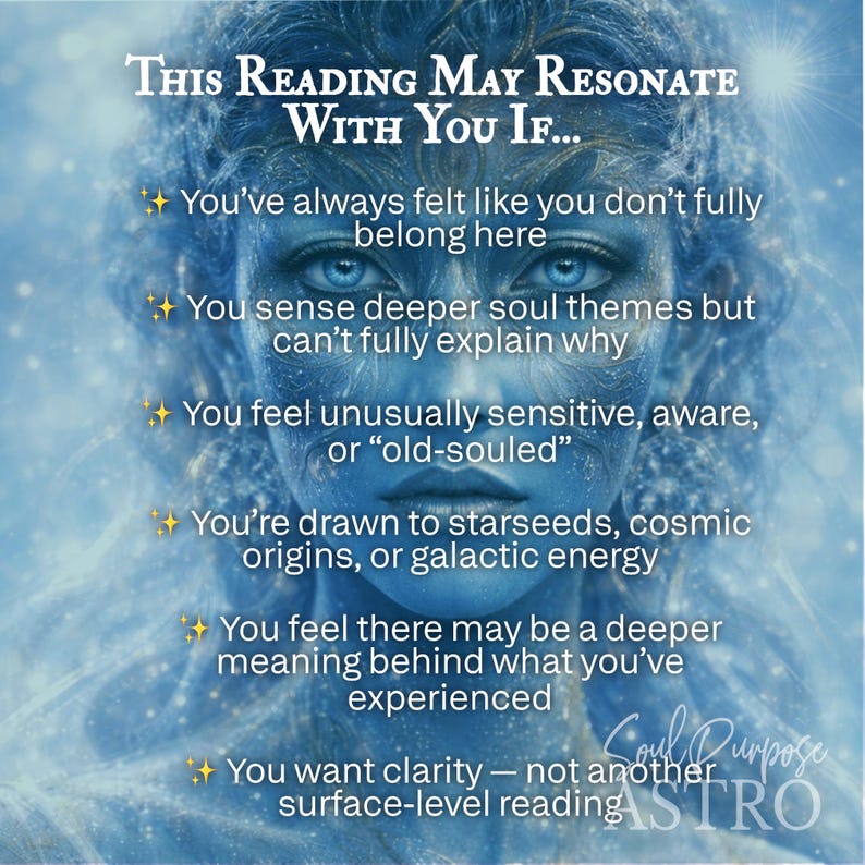 May include: A digital art image with a blue and white color scheme. The image features a woman's face with text overlayed. The text reads "This Reading May Resonate With You If..." followed by a list of statements about self-discovery and spiritual awareness.