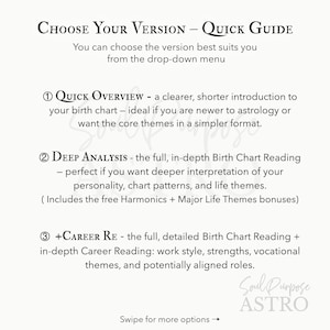 May include: A white informational graphic titled Choose Your Version - Quick Guide. It lists three options: 1 Quick Overview for birth chart introductions, 2 Deep Analysis for in-depth readings, and 3 +Career Re for birth chart and career readings.