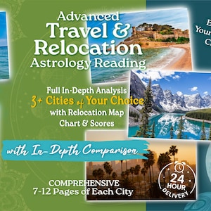 May include: A promotional graphic for an astrology reading service. The design features scenic photos of various locations, including mountains and beaches. Text includes "Advanced Travel & Relocation Astrology Reading" and "Explore Your Chosen Cities."