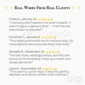 May include: A white graphic featuring the text Real Words From Real Clients with four customer reviews, each accompanied by five gold stars. The text includes testimonials from Cloey S., Christine T., Danielle K., and Jane D. with a faint logo.