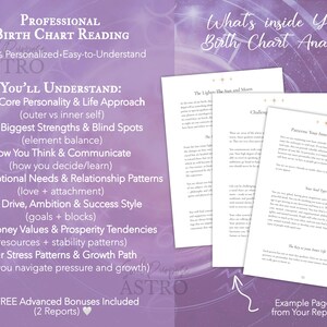 May include: A professional birth chart reading document with a purple background. The text details personality, strengths, communication, emotional needs, ambition, money values, and stress patterns. Three example pages are shown on the right.