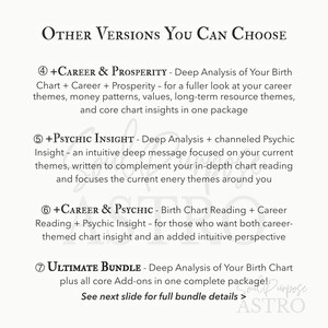 May include: A white informational graphic with black text listing four service options: 4 +Career & Prosperity, 5 +Psychic Insight, 6 +Career & Psychic, and 7 Ultimate Bundle. Each option includes a brief description of the astrological reading services provided.