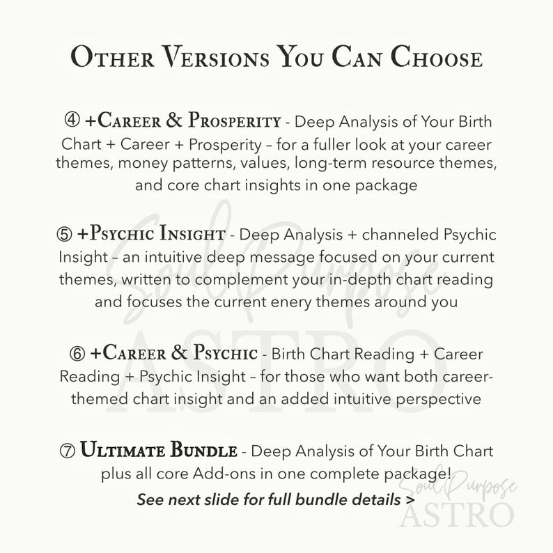 May include: A white informational graphic with black text listing four service options: 4 +Career & Prosperity, 5 +Psychic Insight, 6 +Career & Psychic, and 7 Ultimate Bundle. Each option includes a brief description of the astrological reading services provided.